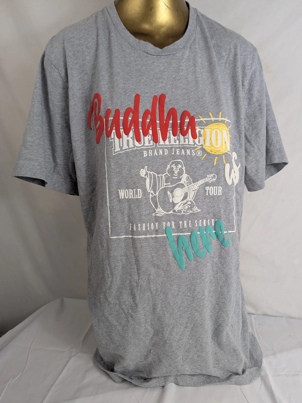 True Religion Gray Buddha Tshirt with Red, Yellow & Teal Accents Size 2XL